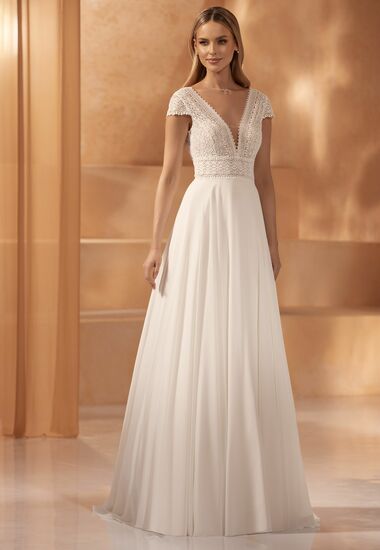 Ein edles Brautkleid mit einem Oberteil aus feiner Spitze und kleinen Ärmelchen.